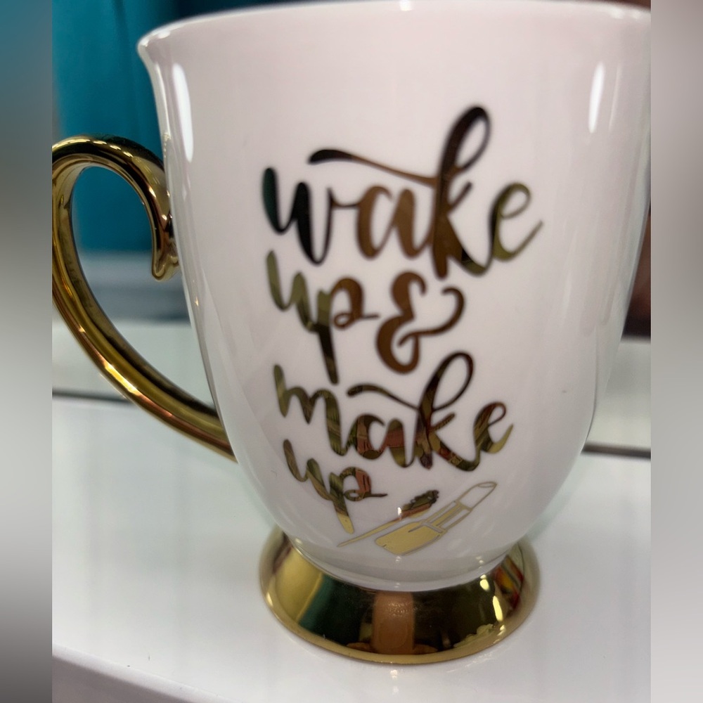 Gold and White Wake Up & Make Up Mug